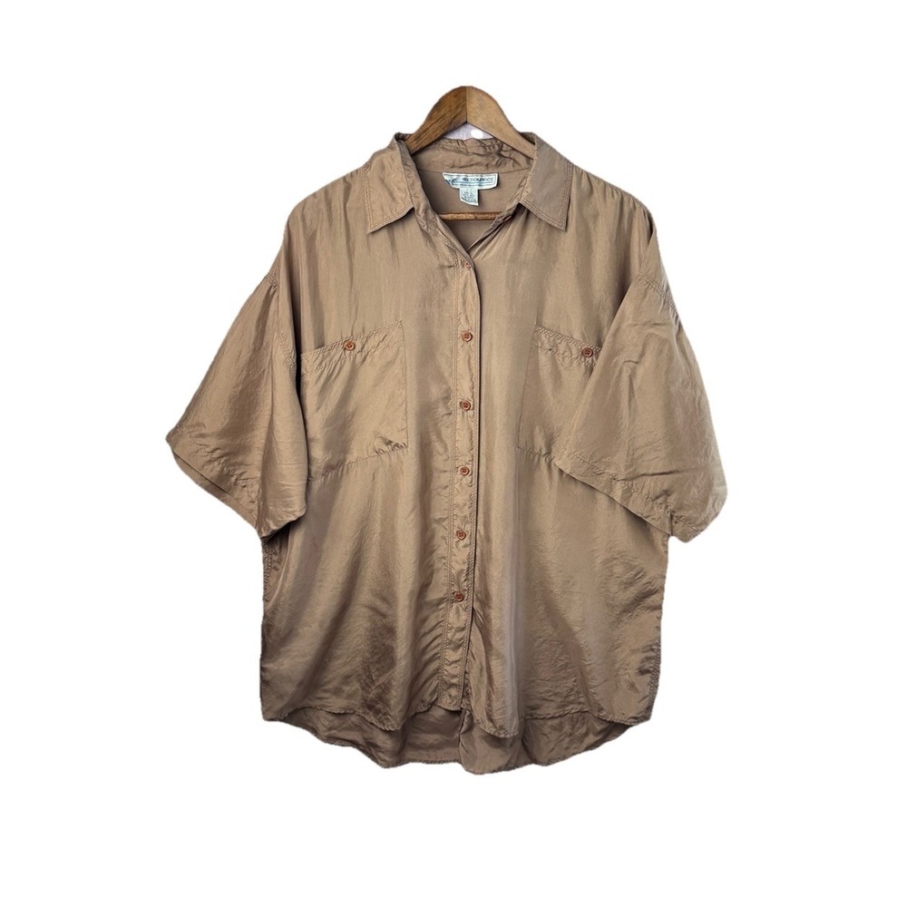 One Resource Mens Vintage 100% Silk Short Sleeve Button Down Shirt Tan Brown L